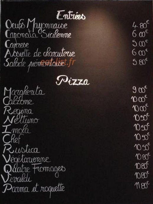 Carte et menu de La Scuderia à Villebon sur Yvette — Les entrées et pizzas
