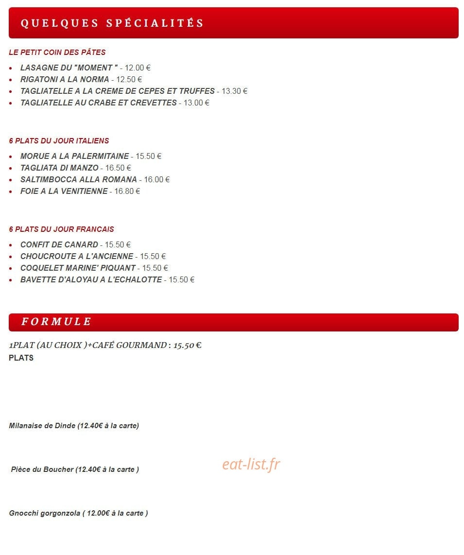 Carte et menu de La Scuderia à Villebon sur Yvette — Les spécialités et formules