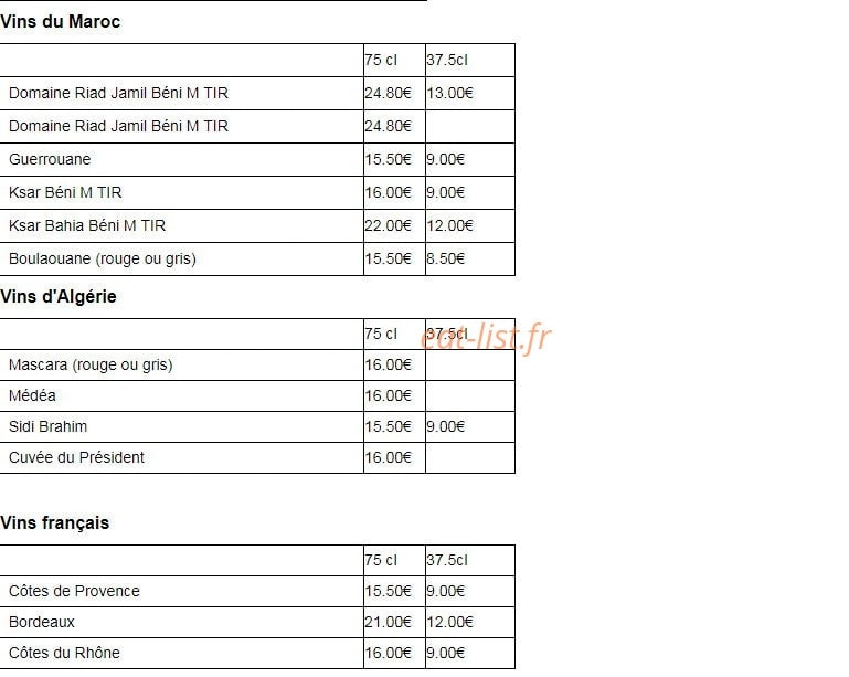 Carte et menu de La Tour du Maroc à Villebon sur Yvette — Vins