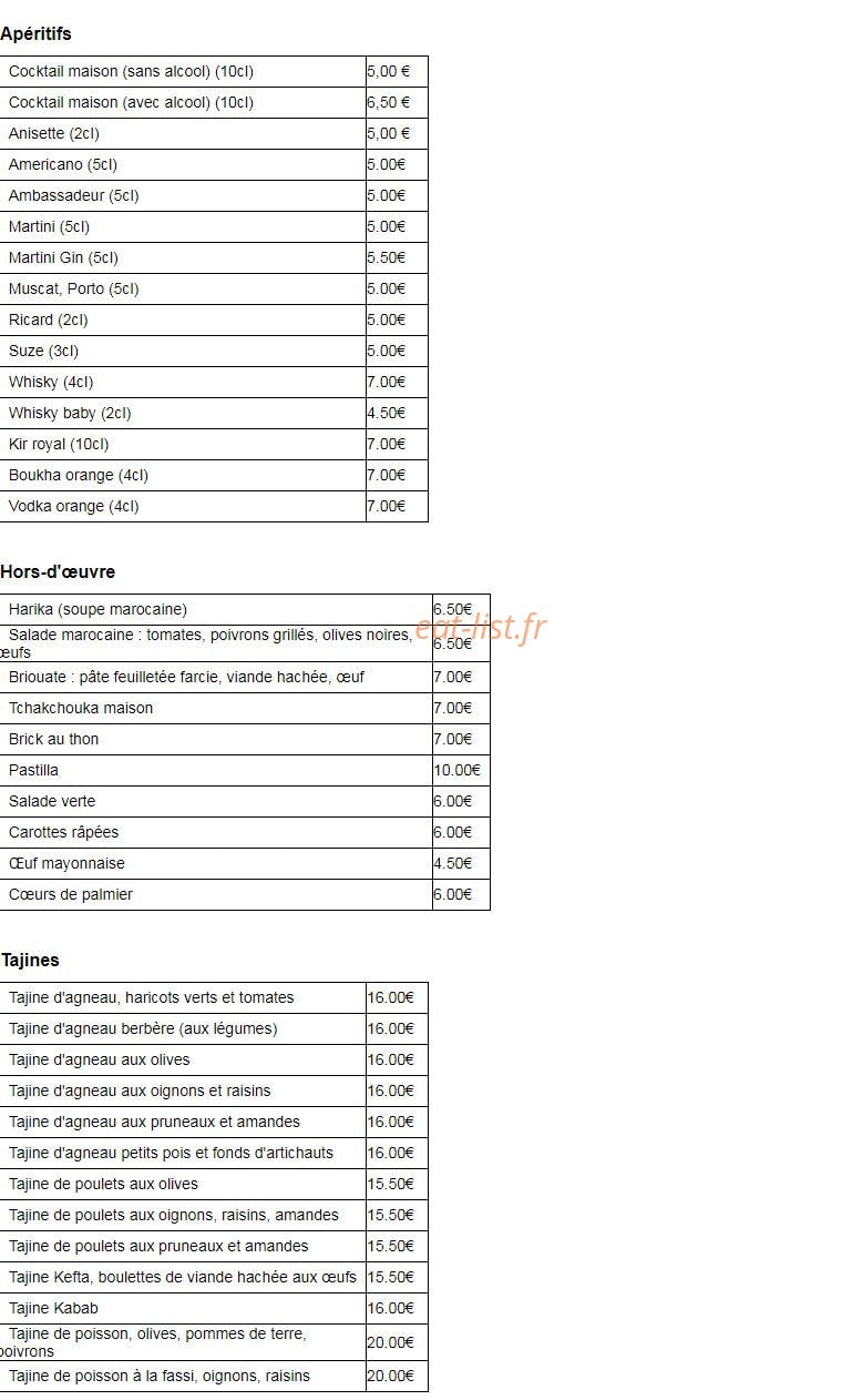 Carte et menu de La Tour du Maroc à Villebon sur Yvette — Aperitifs, hors d'oeuvres et tajines