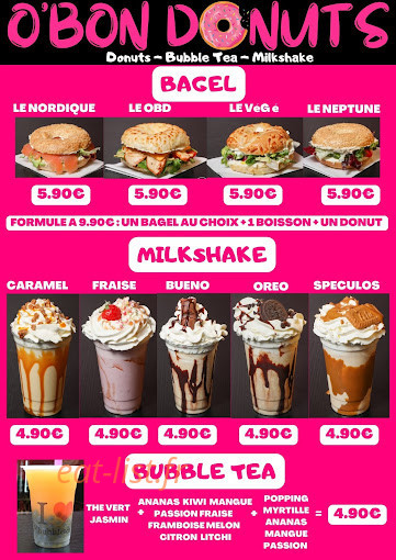 Carte et menu de O bon donuts à Villebon sur Yvette — Les bagels, milkshakes et bubble tea