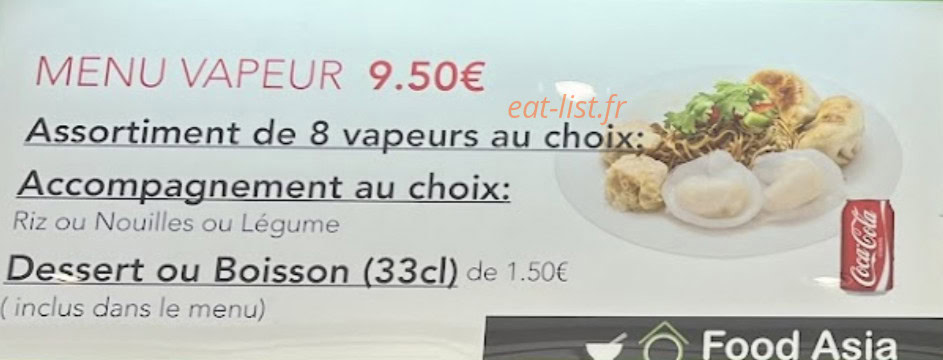 Carte et menu de O Food Asia à Villebon sur Yvette — Menu vapeur