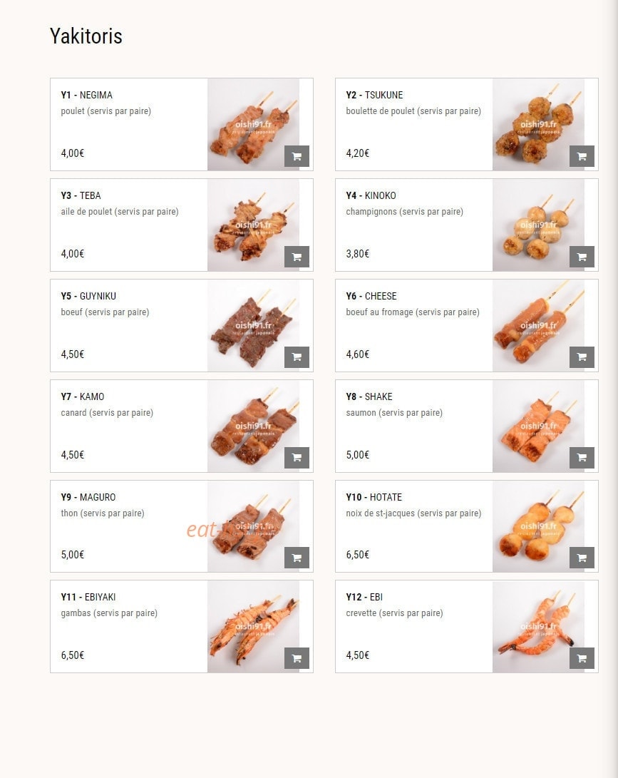 Carte et menu de Oishi Sushi à Villebon sur Yvette — Les yakitoris