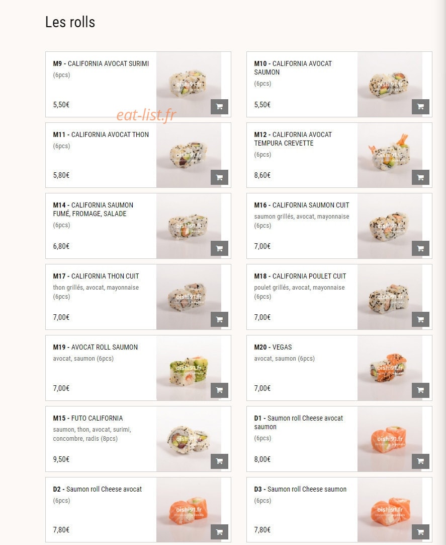 Carte et menu de Oishi Sushi à Villebon sur Yvette — Les rolls