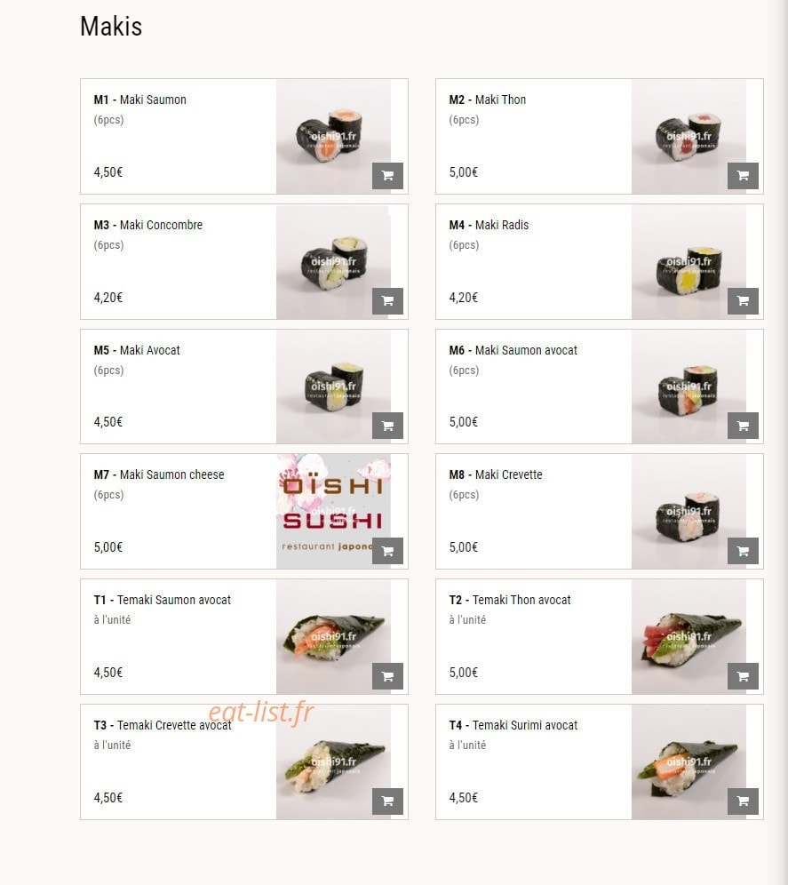 Carte et menu de Oishi Sushi à Villebon sur Yvette — Les makis