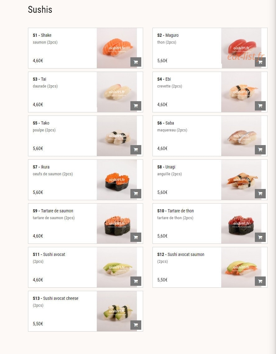 Carte et menu de Oishi Sushi à Villebon sur Yvette — Les sushis