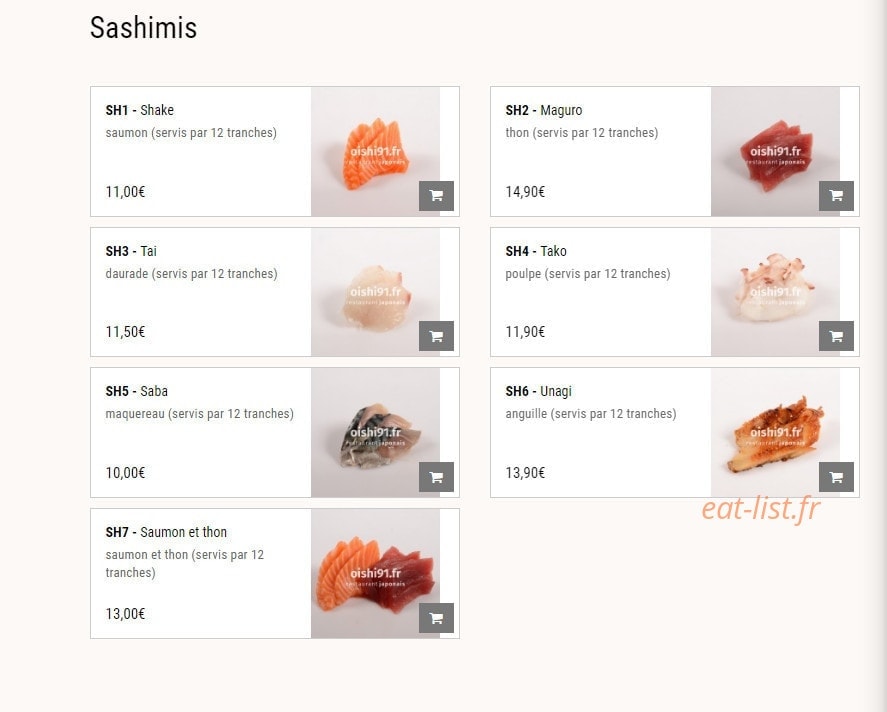 Carte et menu de Oishi Sushi à Villebon sur Yvette — Les sashimis