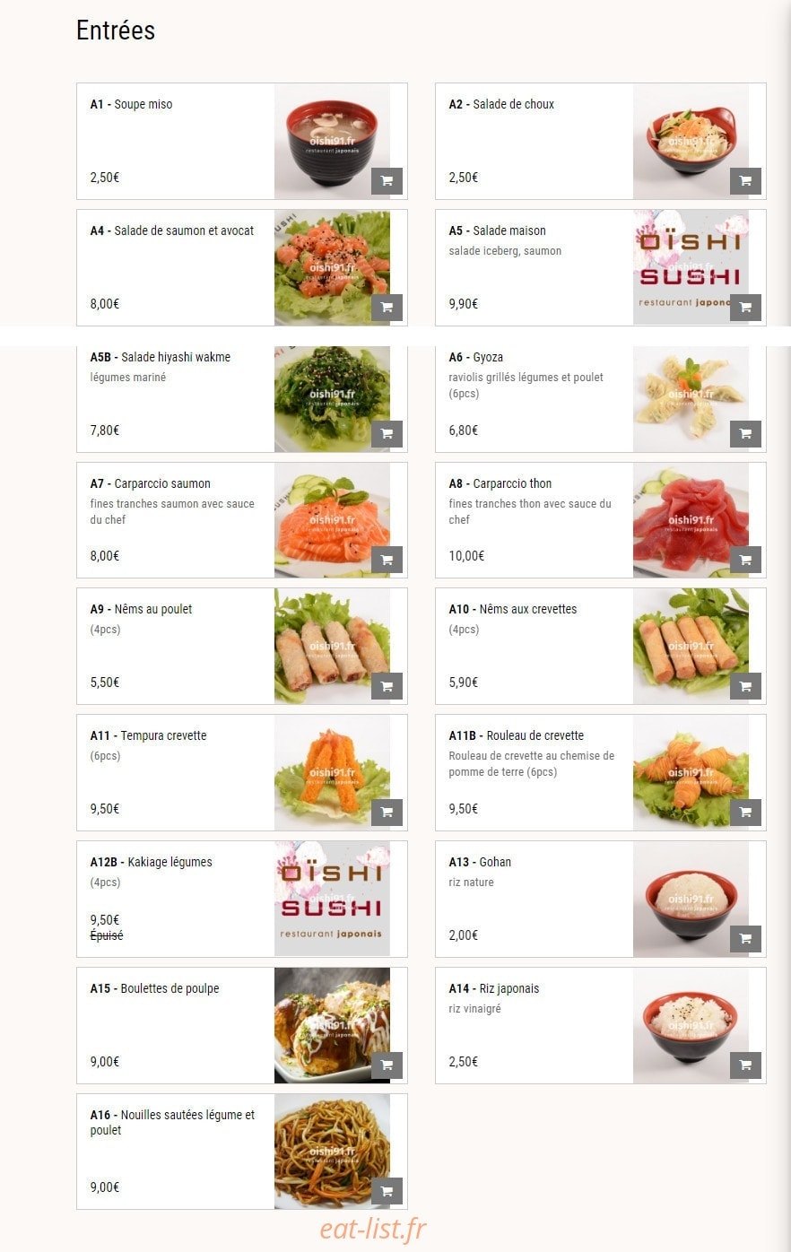 Carte et menu de Oishi Sushi à Villebon sur Yvette — Les entrées