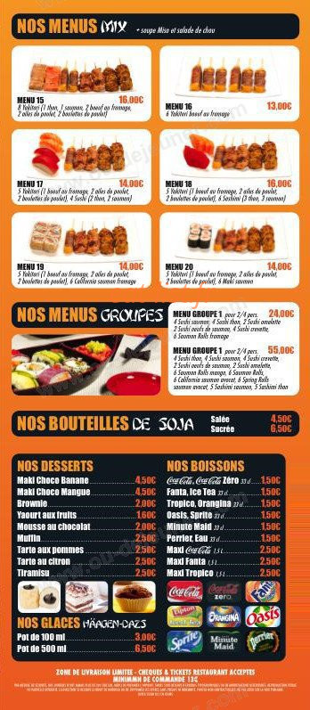 Carte et menu de Super Sushi à Villebon sur Yvette — Les menus miy, menus groupes, les bouteilles, les desserts...