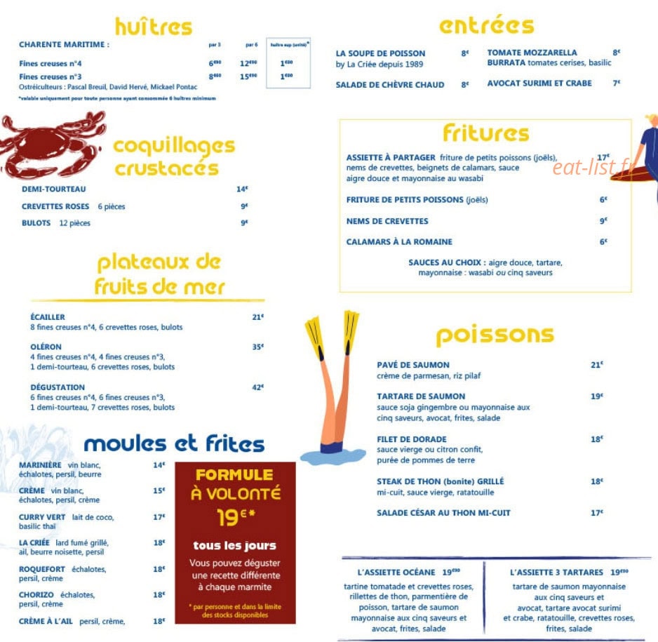 Carte et menu de La Criée à Villejust — Les entrées, fritures et huitres,...