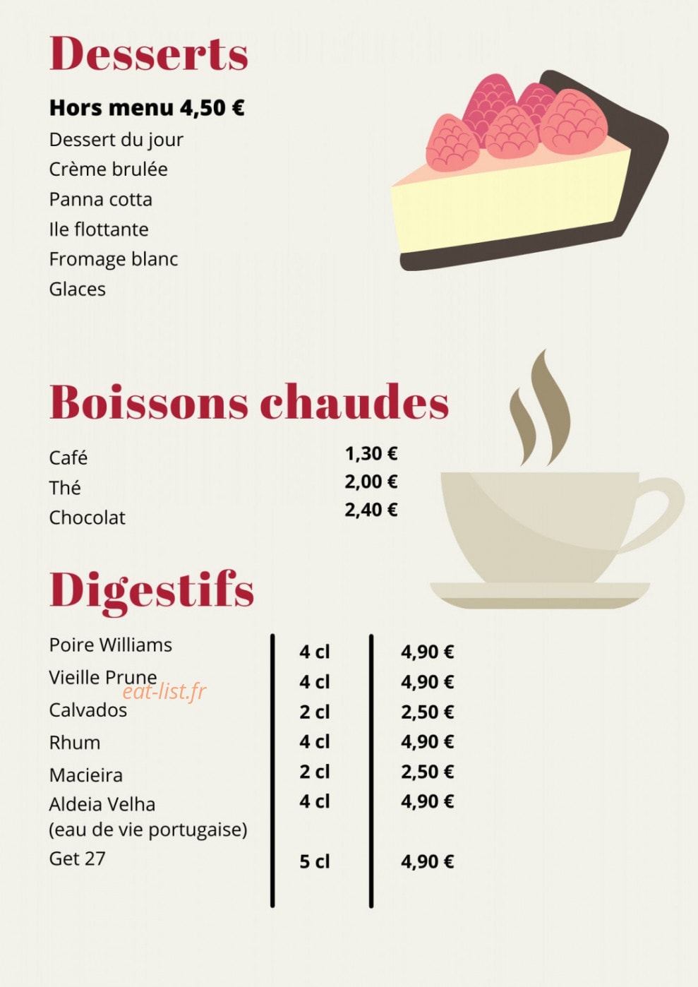 Carte et menu de Bar de l'Hôtel de Ville à Ballainvilliers — Les desserts, boissons chaudes, ...