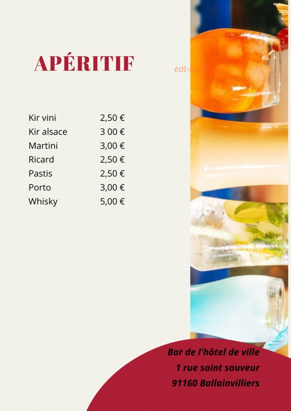 Carte et menu de Bar de l'Hôtel de Ville à Ballainvilliers — Les apéritifs
