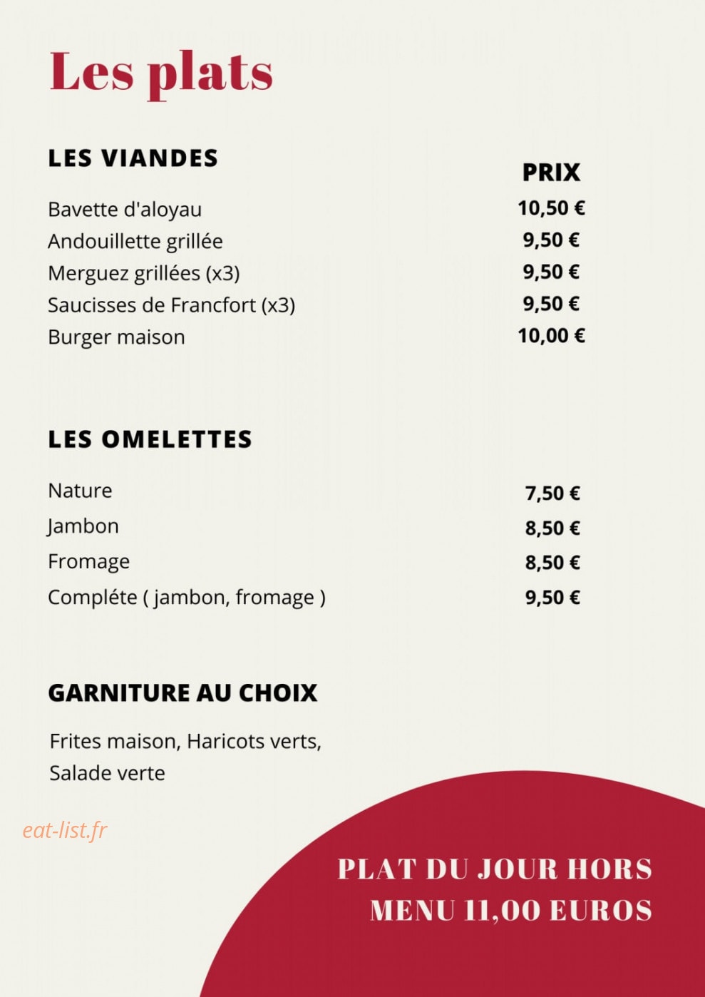 Carte et menu de Bar de l'Hôtel de Ville à Ballainvilliers — Les plats