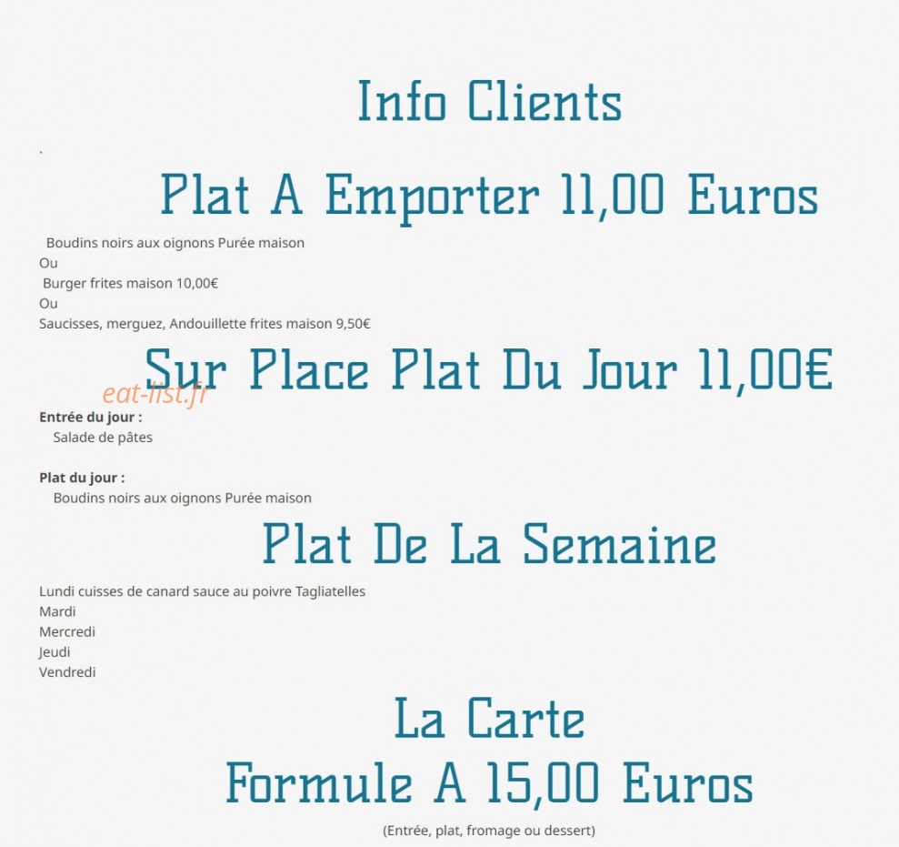 Carte et menu de Bar de l'Hôtel de Ville à Ballainvilliers — Les plats à emporter, formule