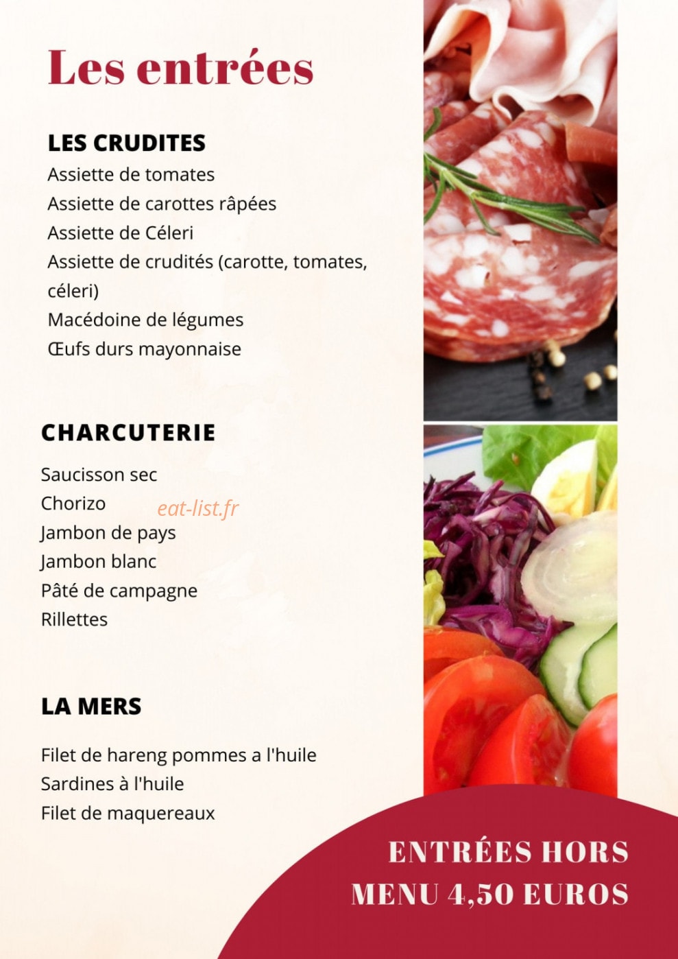 Carte et menu de Bar de l'Hôtel de Ville à Ballainvilliers — Les entrées