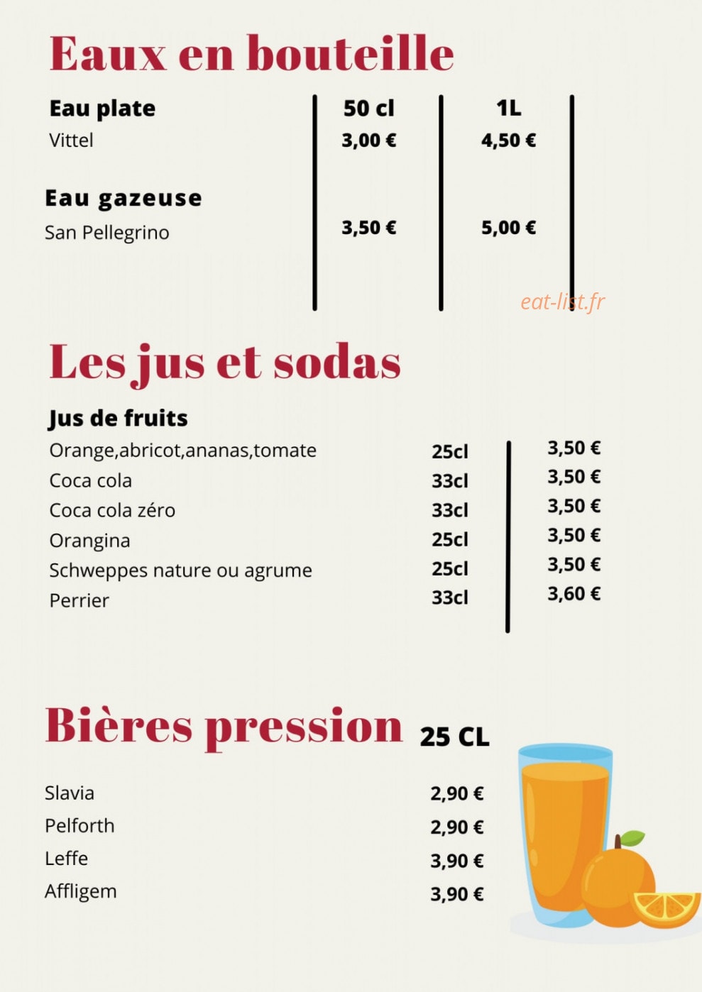 Carte et menu de Bar de l'Hôtel de Ville à Ballainvilliers — Le eaux, jus, ...