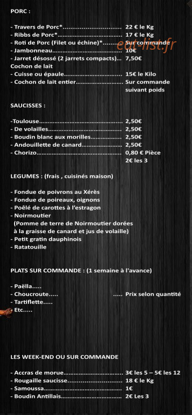 Carte et menu de Rôtisserie Richard à Longjumeau — Porc, saucisse, légumes,...