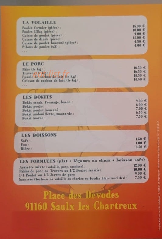 Carte et menu de A Ka Fredo à Saulx les Chartreux — Les volailles, porc, ...