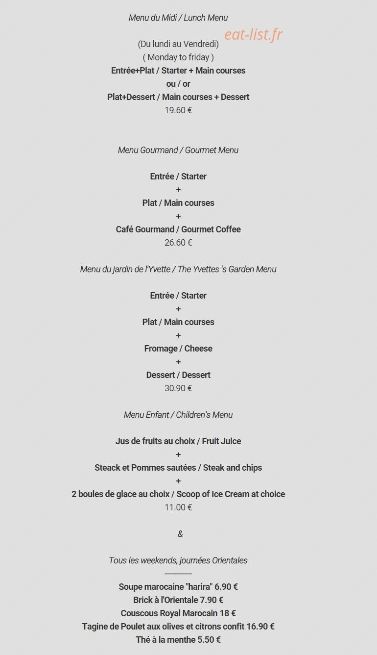 Carte et menu de Le Jardin de l' Yvette à Gif sur Yvette — Les menus