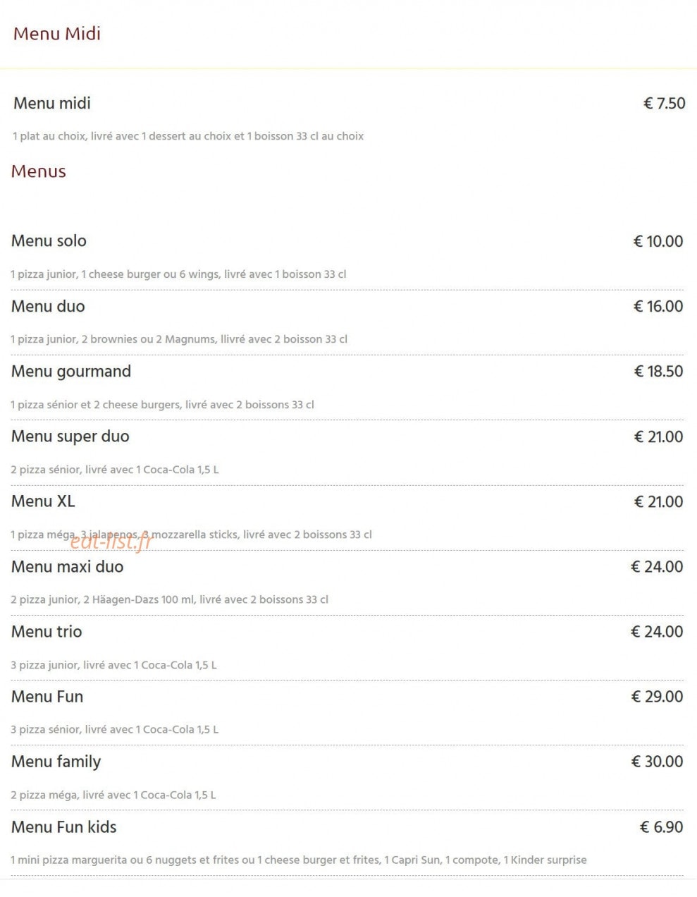Fun Pizza — carte page 1