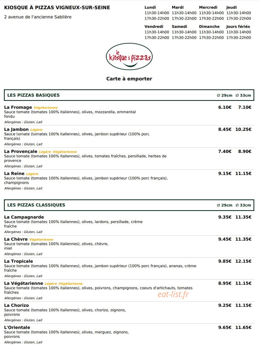 Le Kiosque à Pizzas — carte page 1