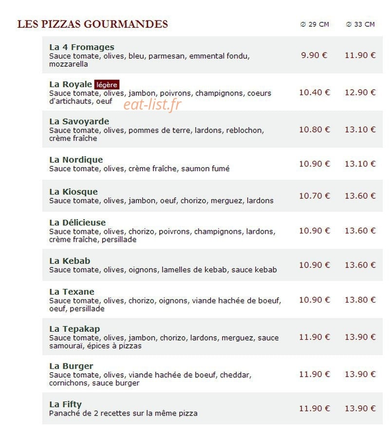 Le Kiosque à Pizzas — carte page 1