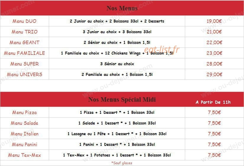 Espace Pizza — carte page 1