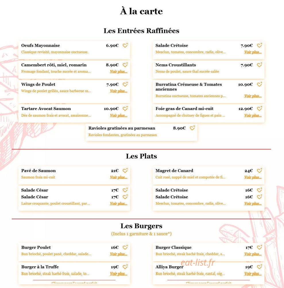 Alliya steakhouse — carte page 1