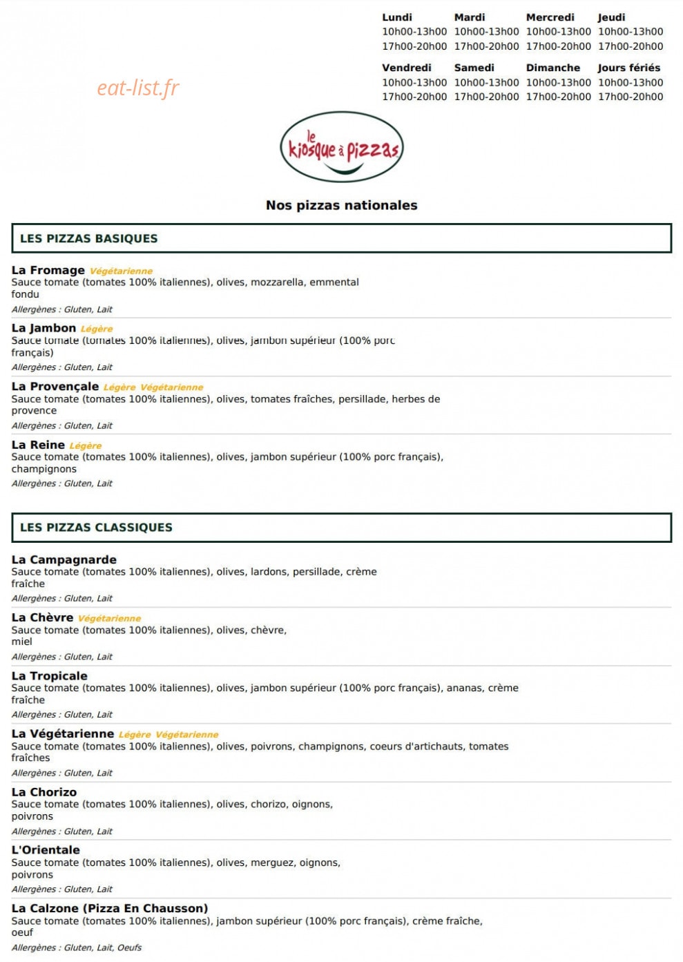 Le Kiosque à Pizzas — carte page 1