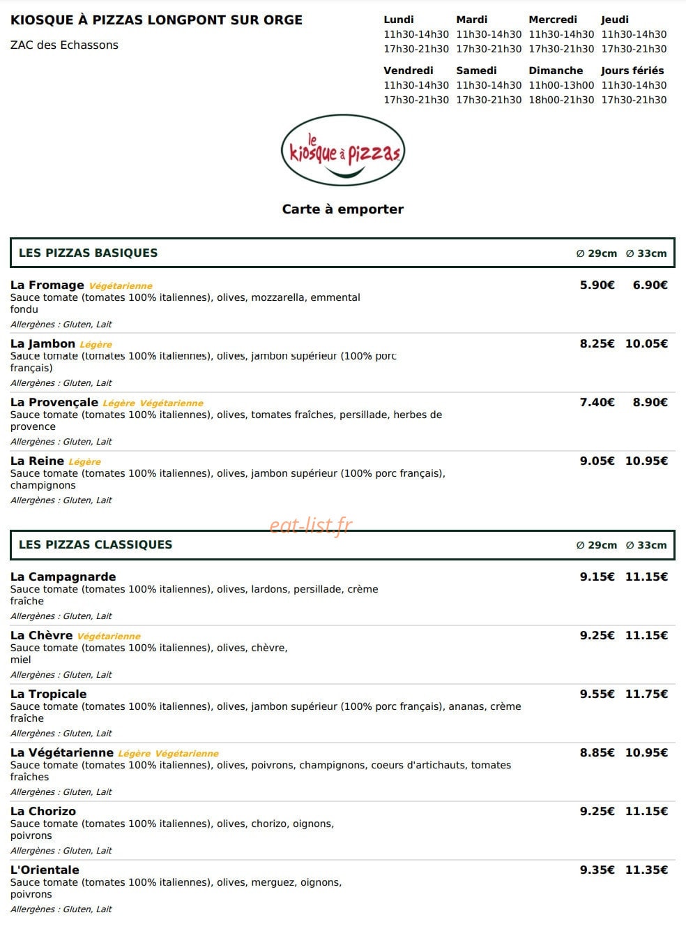 Le Kiosque à Pizzas — carte page 1