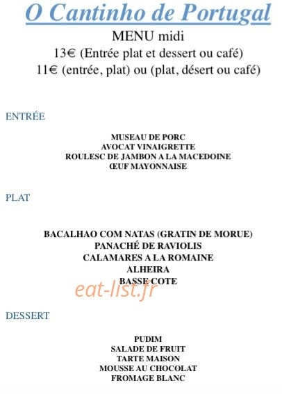 Carte et menu de Cantinho de Portugal à Epinay sur Orge — Menu midi