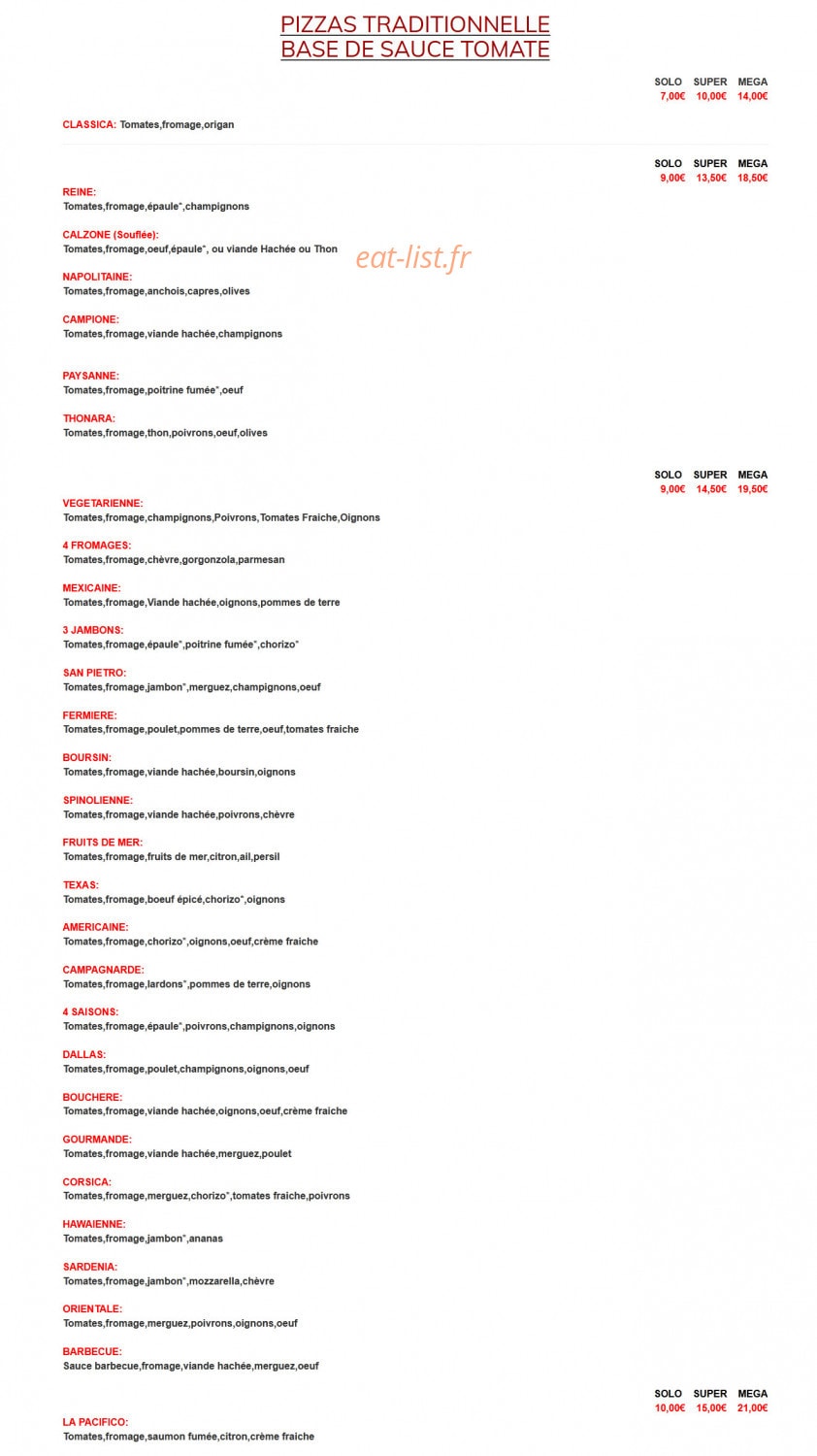 Pizza Presto — carte page 1