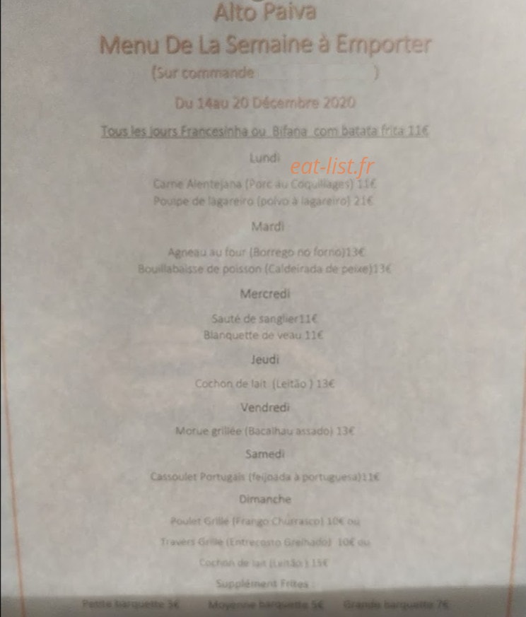 Carte et menu de Alto Paiva à Gometz la Ville — Un exemple de menu de la semaine