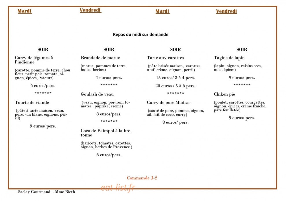 Saclay Gourmand — carte page 1