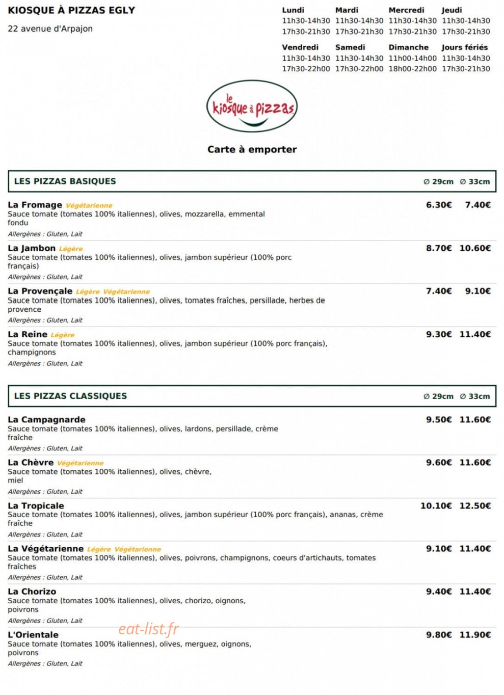 Le kiosque à pizzas — carte page 1