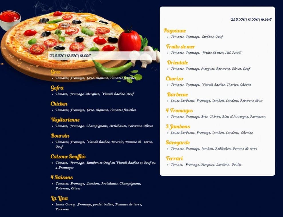 Planet Pizza — carte page 2