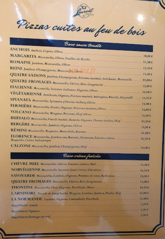 Pizzas Laurent — carte page 1
