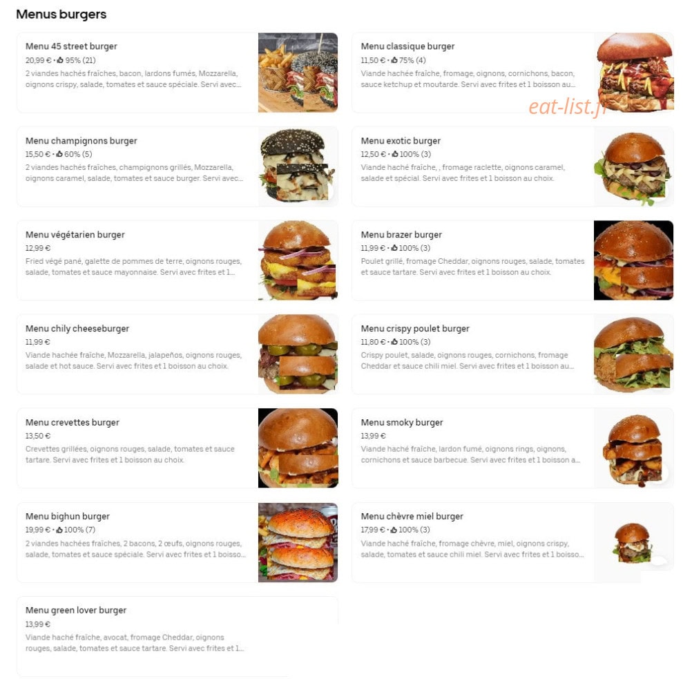 Burger 45 Street — carte page 1
