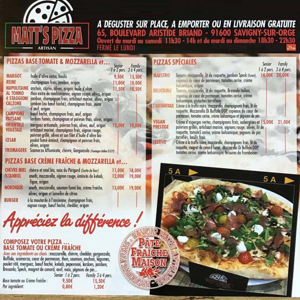 Matt’s Pizza — carte page 1