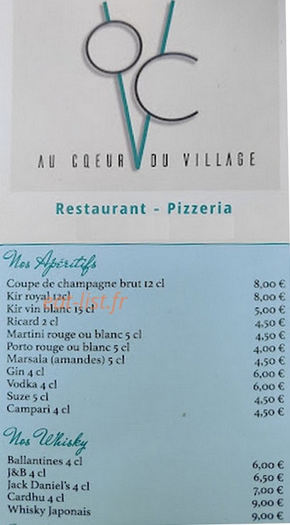 Carte et menu de Au coeur du village à Avrainville — Les apéritifs et whisky
