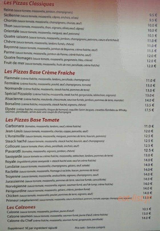 Carte et menu de Au coeur du village à Avrainville — Les pizzas