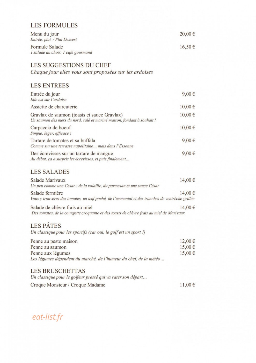 Restaurant du Golf de Marivaux — carte page 1
