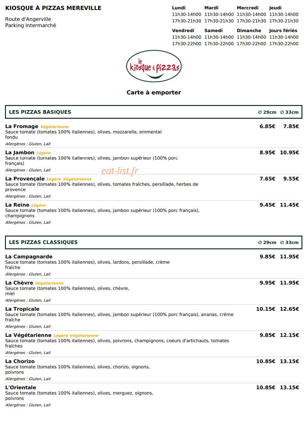 Le Kiosque à Pizzas — carte page 1