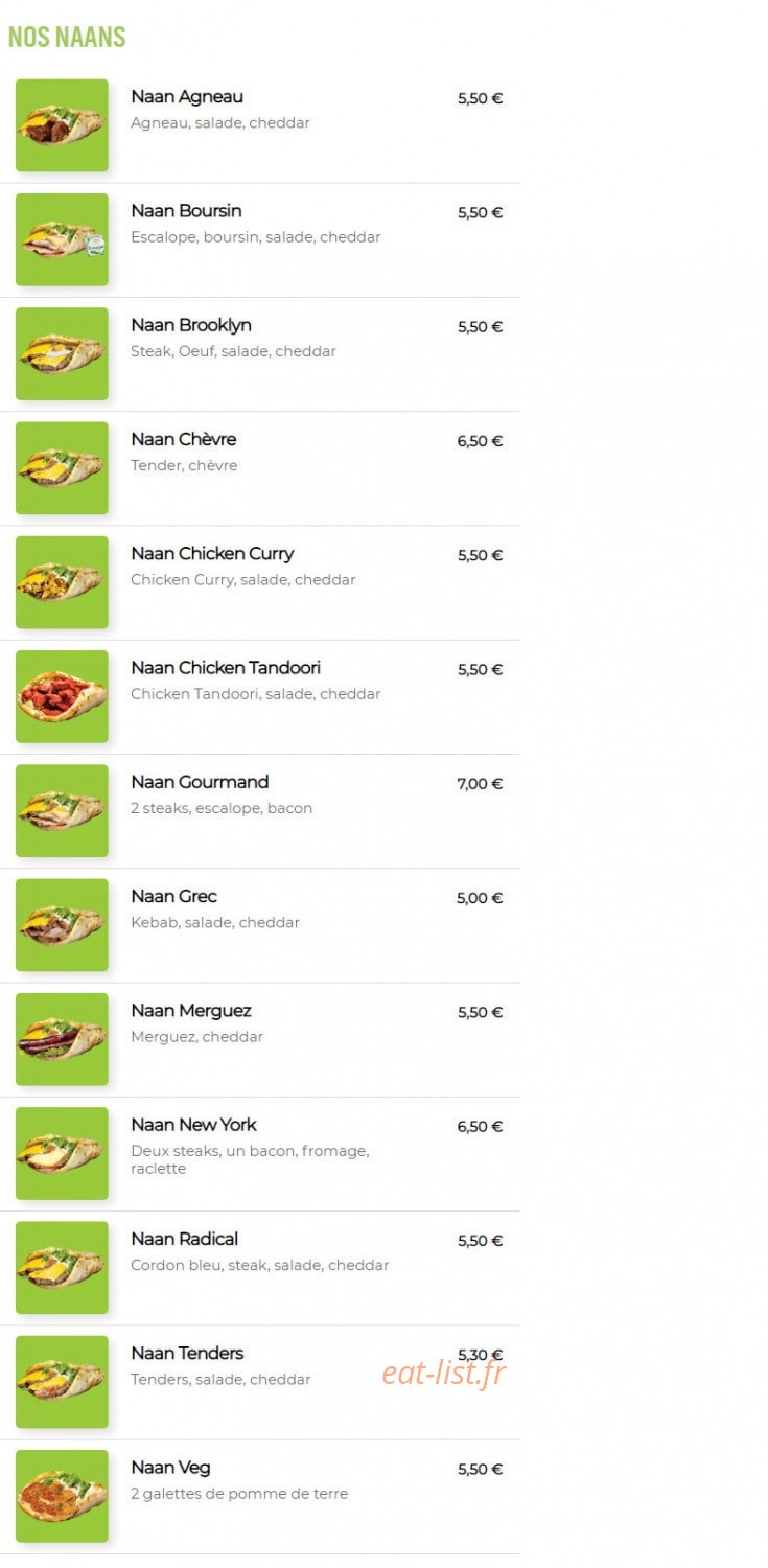 Naan Wich — carte page 1