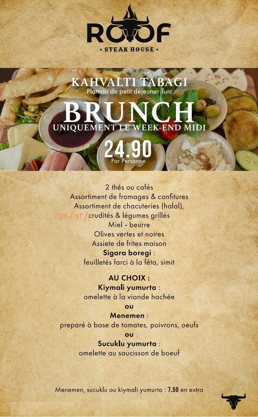 Carte et menu de Roof Steak House à Fleury Merogis — Brunch
