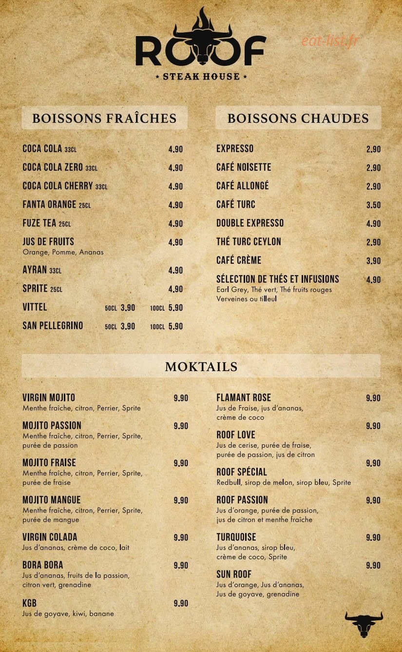 Carte et menu de Roof Steak House à Fleury Merogis — Les boissons fraiches, boissons chaudes et mocktails