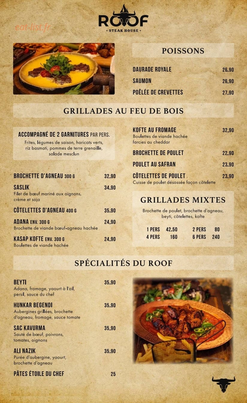 Carte et menu de Roof Steak House à Fleury Merogis — Poissons, grillades au feu de bois et grillades mixtes,..
