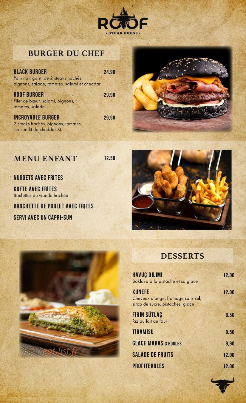 Carte et menu de Roof Steak House à Fleury Merogis — Les burgers du chef, menu enfant et desserts