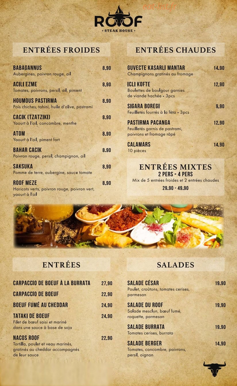 Carte et menu de Roof Steak House à Fleury Merogis — Les entrées froides, entrées chaude set entrées,...