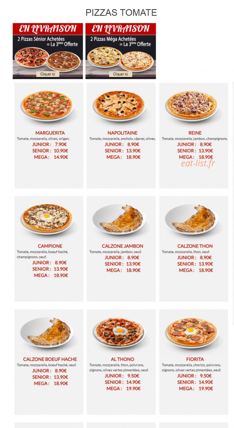Carte et menu de Andiamo pizza à Sainte Genevieve des Bois — Les pizzas base tomate